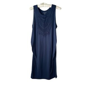Liz Lange Maternity Navy Blue Crochet Lace Front Long Tank Dress Sleeveless XL